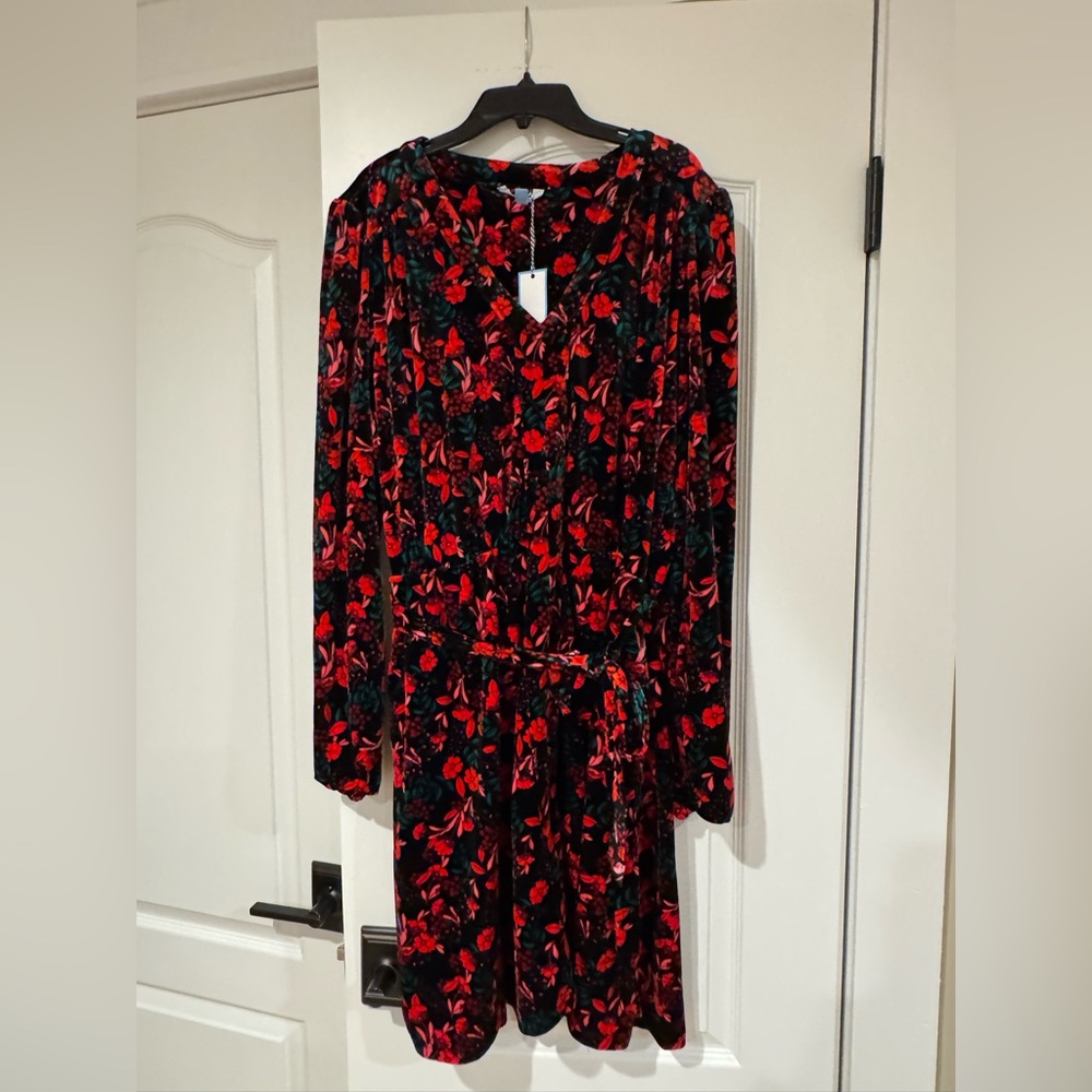 Draper James Black Velvet Long-Sleeve Floral Dress with Red & Green Print